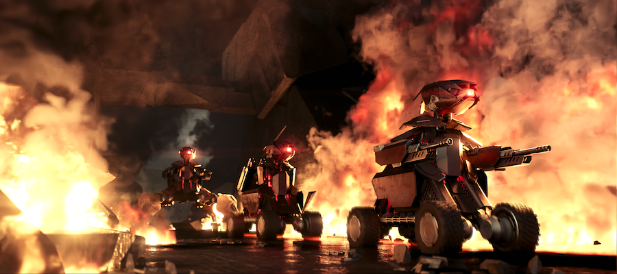 Animation still of robots rolling through clouds of flame